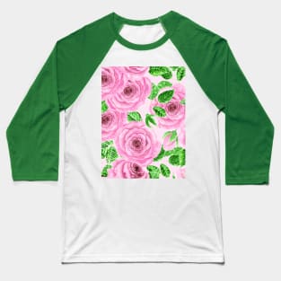 Pink watercolor roses with leaves and buds pattern Baseball T-Shirt